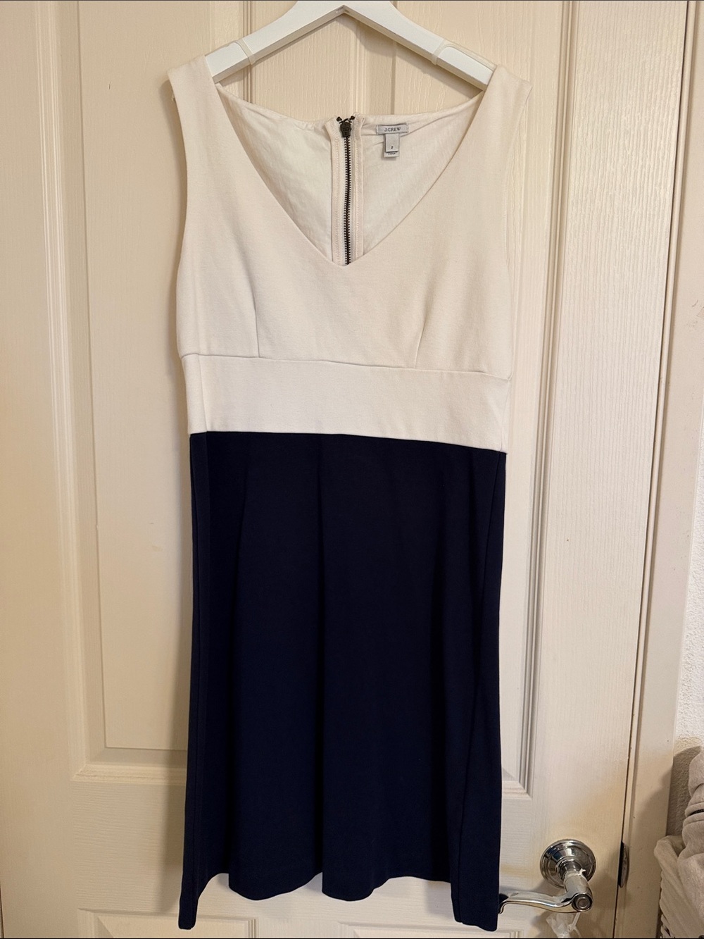 J. Crew Sleeveless V-Neck Fit-and-Flare Dress in White & Navy
